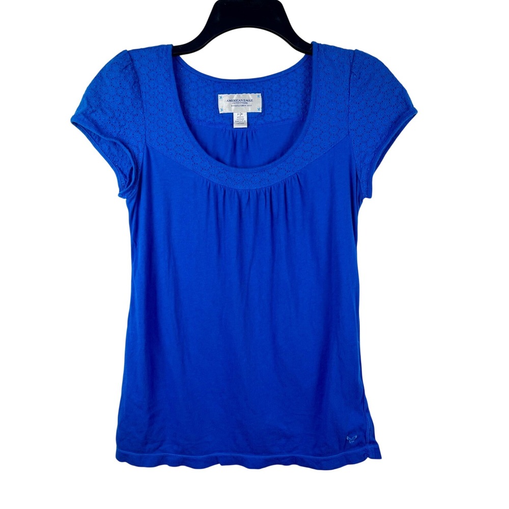 American Eagle XS Blue Eyelet Lace Yoke Short Sleeve Cotton Top Boho